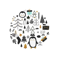Winter elements, penguins, trees and gifts, doodle style vector print in shape of a circle.