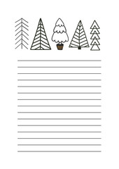 Printable page for notes, A4 format size, Scandinavian doodle trees