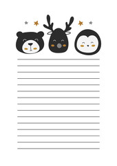 Printable page for notes, A4 format size, Scandinavian doodle animals, penguin, bear and deer.