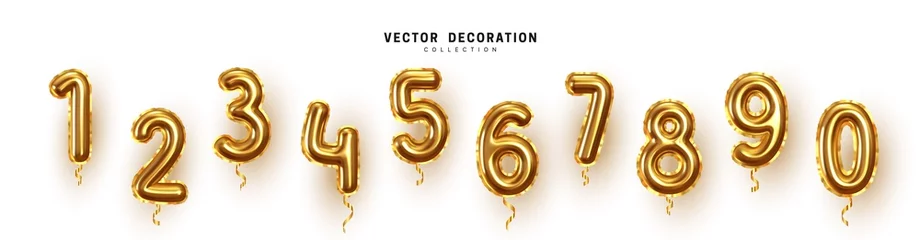 Fotobehang Golden Number Balloons 0 to 9. Foil and latex balloons. Helium ballons. Party, birthday, celebrate anniversary and wedding. Realistic design elements. Festive set isolated. vector illustration © lauritta