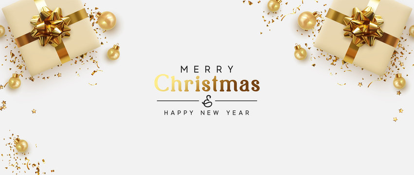 Holiday banner Merry Christmas and Happy New Year. Xmas design with realistic objects, beige gift box, golden balls, stast tinsel, glitter gold confetti. Festive horizontal poster, flat top view