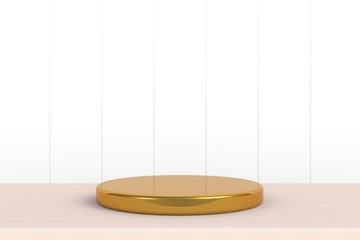 Round gold stage podium concept illustration isolated on white background. Festive podium scene for award ceremony on table. Gold pedestal for product presentation. 3d rendering