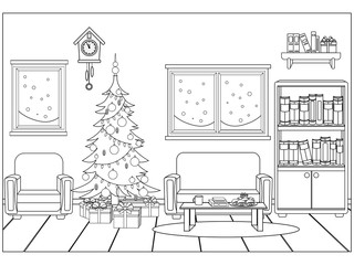Coloring book for kids and adults in the form of a vector room prepared for the celebration of the new year and Christmas.
