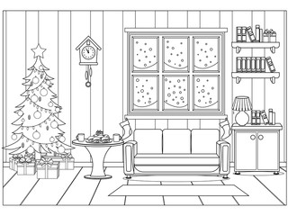 Coloring book for kids and adults in the form of a vector room prepared for the celebration of the new year and Christmas.