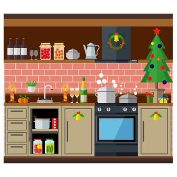Christmas kitchen interior, cooking delicious food to celebrate Christmas and new year. Winter holidays, vector illustration.