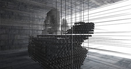 Abstract architectural concrete  interior  from an array of spheres with large windows. 3D illustration and rendering.