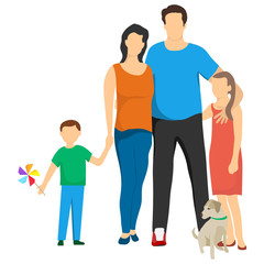 Happy, young family. Happy family with a dog isolated on white. Vector, cartoon illustration of a big and happy family. Mom, dad, son, daughter and dog.