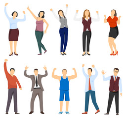 Obraz premium Successful women and men. Men and women are winners. Businessmen and business women. Successful people. Vector, cartoon illustration.