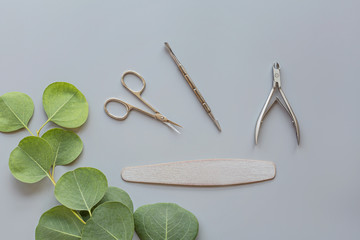 Stylish trendy manicure accessories with scissors, cuticle pusher and eucalyptus flowers. Flat lay,...