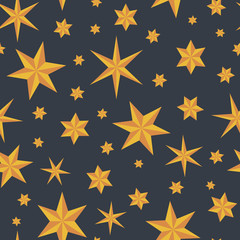 Obraz premium Vector seamless pattern with orange origami stars on dark grey background. Fun ditsy star print, constellations and twinkle lights.