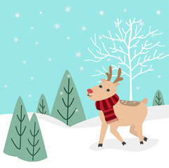 Fototapeta premium Christmas greeting card with a cute reindeer and snowing.