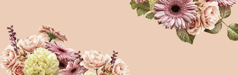 Floral banner, cover or header with vintage bouquets. Yellow peony, gerbera, pink roses isolated on pink background. 
