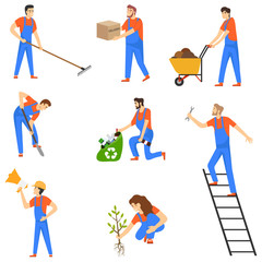 Workers in uniform. Set of workers, men and women in various poses in blue overalls. Vector, cartoon illustration of people in working uniforms.
