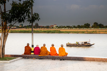  buddhist monks near Mekong riverfront, Phnom Penh, Cambodia