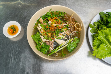 Overhead view photo of delicious Vietnam chicken Pho noodle soup