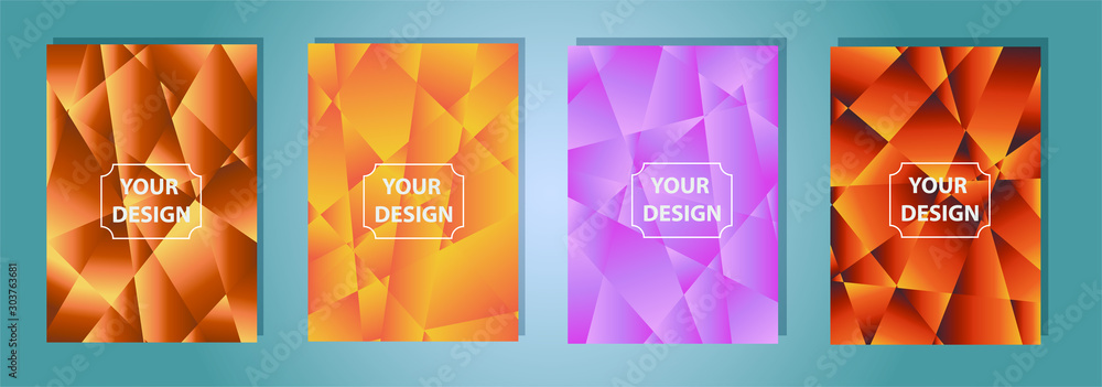 Poster set of colorful low poly vector pattern gradient set. modern smartphone screen, mobile app template.