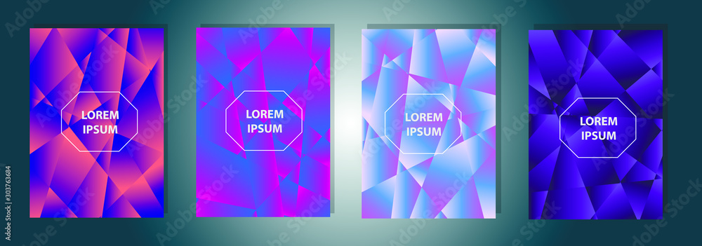 Poster set of colorful low poly vector pattern gradient set. modern smartphone screen, mobile app template.