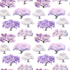 Seamless pattern of flowering Chinese acacia garden painted in watercolor