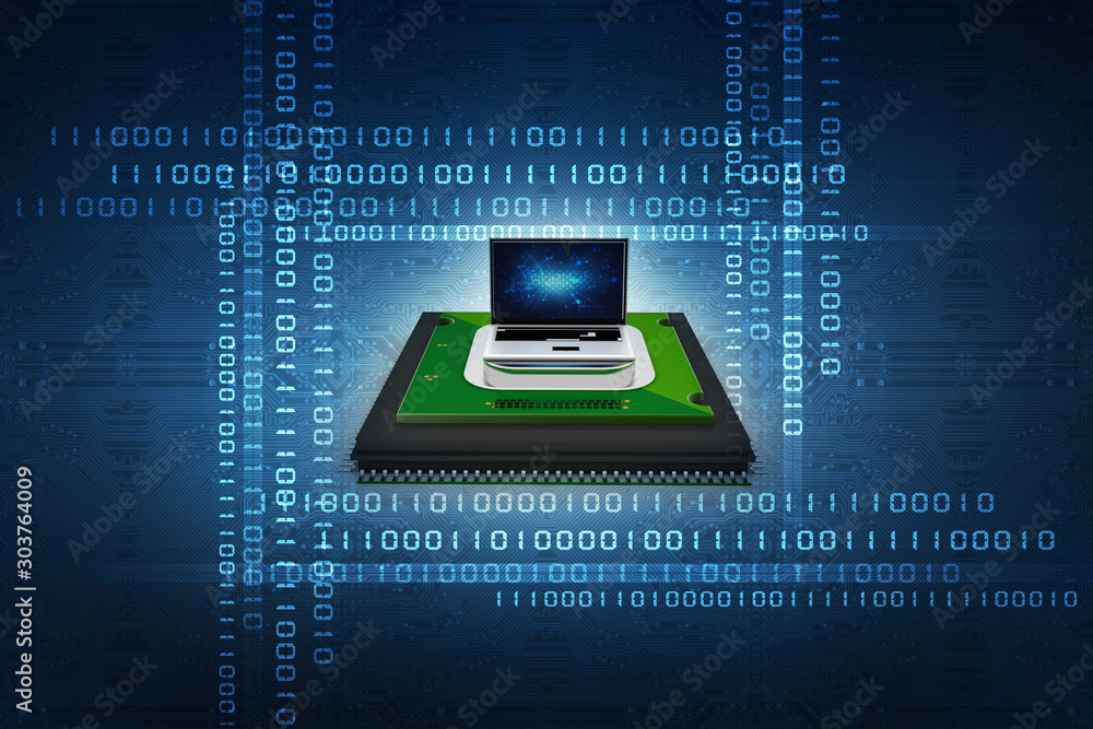 Poster 3d render laptop computer with microchips