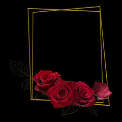 Floral polygonal geometric frame isolated on black background. Red roses bouquet with golden glitter. For invitations, greeting, wedding card. 