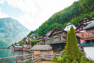 Fototapeta premium landscape view of hallstatt city in austrian alps
