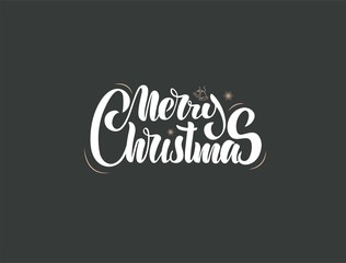 Merry Christmas inscription calligraphic lettering design. Congratulation. White inscription, golden snowflake and christmas bells. For greeting card, poster, banner, tag, interior design