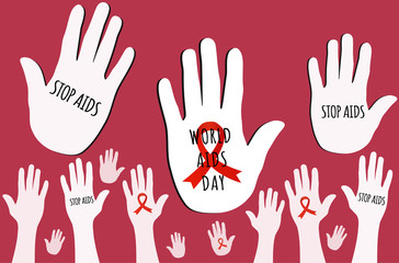 Fototapeta premium World Aids Day concept. Aids Awareness Red Ribbon. Hand gusture stop Aids Vector Illustration