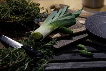 fresh green asparagus on wooden table