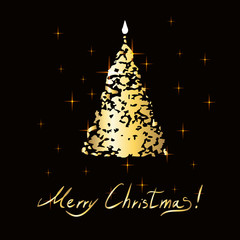 Сhristmas golden tree on dark background with shining light sparks. Holiday magic night copy space. Fir tree and lettering text, vector.