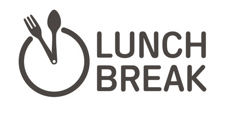 Vector logo clock cutlery with text Lunch break. Isolated on white background.