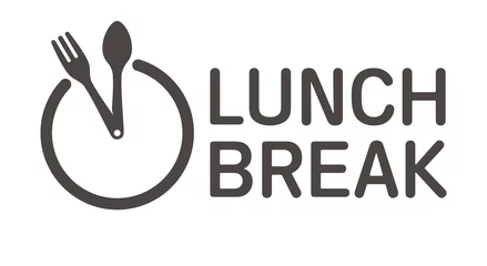 Poster Vector logo clock cutlery with text Lunch break. Isolated on white background. © Jan
