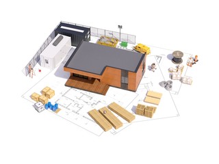 3d render of a modern frame building. The detailed concept of construction with house project and construction props. 3D illustration of the modern house.