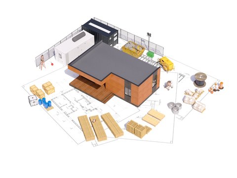 3d render of a modern frame building. The detailed concept of construction with house project and construction props. 3D illustration of the modern house.
