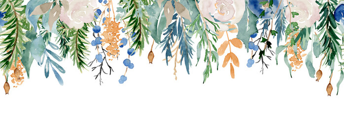 Fototapeta Floral winter seamless border illustration. Christmas Decoration Print Design Template obraz