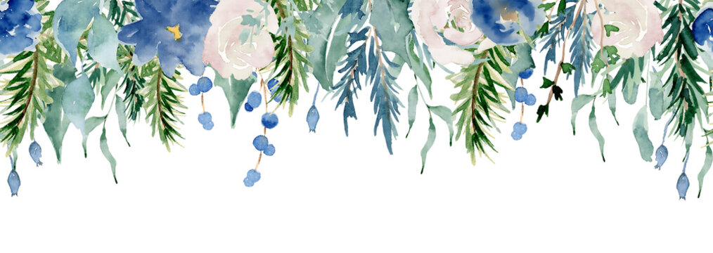Floral winter seamless border illustration. Christmas Decoration Print Design Template © EvgeniiasArt