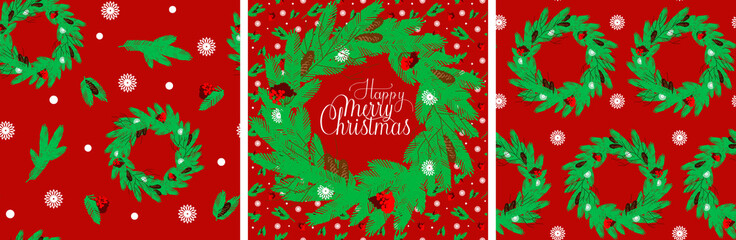 Set of seamless festive patterns and the inscription Merry Christmas. Template with pattern christmas wreaths a red background. Seamless festive vector pattern. Merry christmas. Suitable for decoratio
