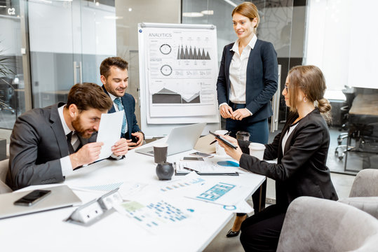 Business People Discussing Some Financial Issues, Speaker Giving A Presentation On A Small Conference In The Meeting Room, Funny Employee