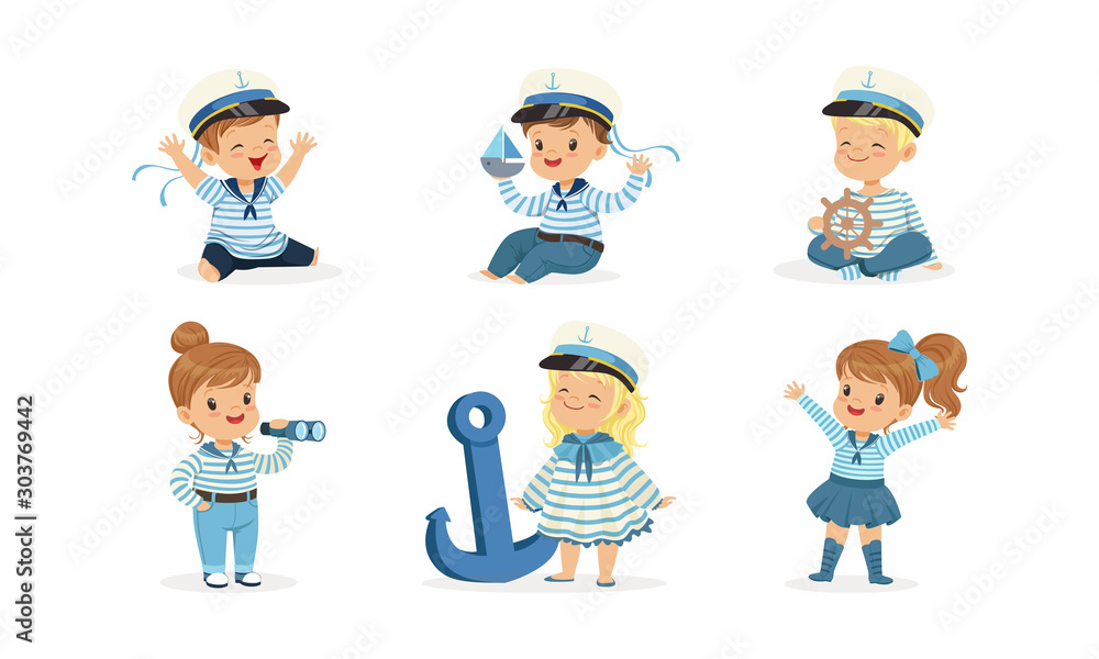 Sticker Cute Little Kid Characters Wearing Mariner Uniform Vector Illustrations Set