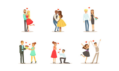 Couples On Dates Vector Illustrations Set. Young Man and Woman Embracing Each Other