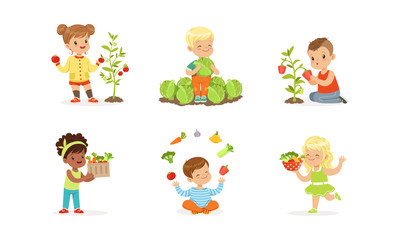 Little Kids Sitting on Garden-Bed Playing with Vegetables Vector Set