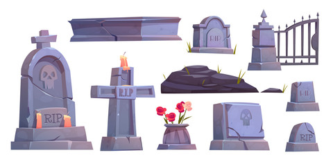 Cemetery set, graveyard tombstone, cracked stone cross with rip signature and extinguished candle, metal gate, ancient mausoleum tomb isolated on white background Cartoon vector illustration, clip art