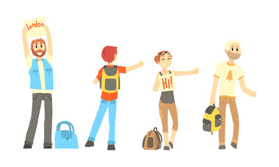 Hitch-hikers Standing Along the Road Trying to Get Car Vector Illustrations Set