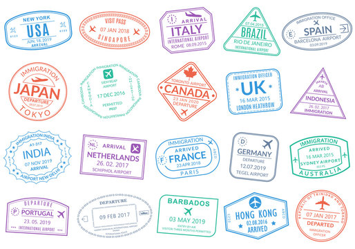 Passport stamp set. Visa stamps for travel. International airport grunge sign. Immigration, arrival and departure symbols with different cities and countries. Vector illustration.