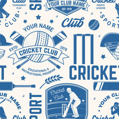 Cricket club seamless pattern or background. Vector. Seamless sport pattern with cricket ball, wicket, bail and helmet silhouette. Cricket sport club texture.
