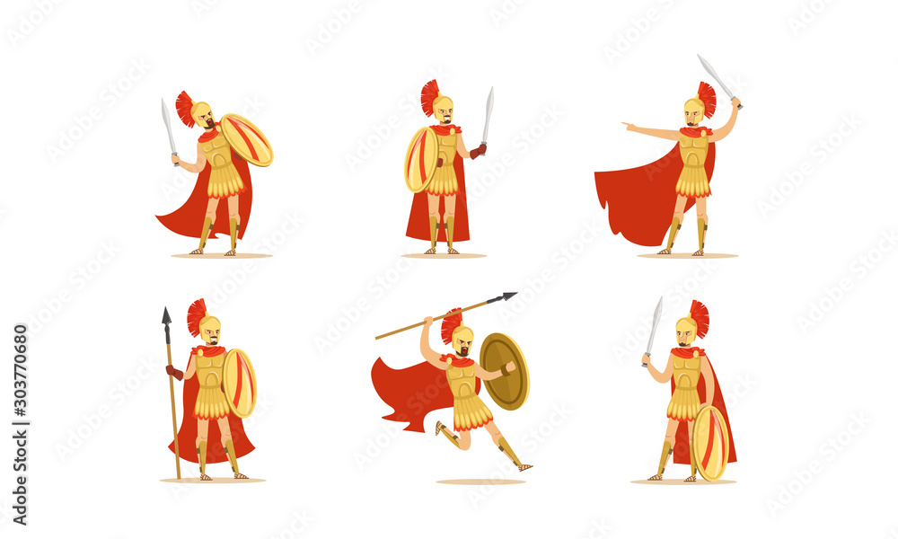 Poster gladiators holding swords vector set. fighting characters in action poses