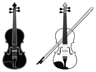 Violin. Musical instrument. Thin line and silhouette vector