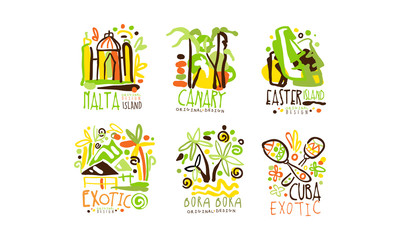 Fototapeta premium Exotic Countries Labels Design Vector Set. Tropic Travel Destination Collection