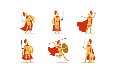 Gladiators Holding Swords Vector Set. Fighting Characters in Action Poses