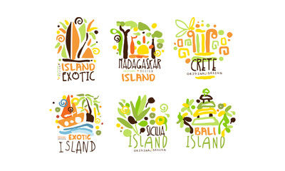 Exotic Countries Labels Design Vector Set. Tropic Travel Destination Collection