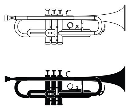 Set of trumpet icons. Thin line and silhouette vector